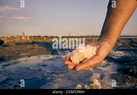 Sale sulla palma dall'estuario di Kuyalnik sullo sfondo di una pozza di sale. Odessa Ucraina Foto Stock