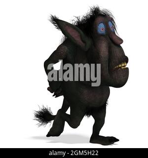 Illustrazione 3D di un simpatico e divertente cartone animato troll pensivo su bianco Foto Stock