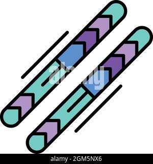 Icona attrezzatura da sci. Contorno attrezzatura da sci vettore icona colore piatto isolato su bianco Illustrazione Vettoriale