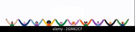 Persone diverse che tengono le mani sollevate insieme su un isolato sfondo bianco. Concetto di celebrazione del team sociale o di diversità dei gruppi aziendali. Illustrazione Vettoriale