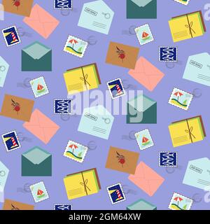 Modello con buste postali e francobolli, serie di viaggi. Illustrazione vettoriale su sfondo blu. Illustrazione Vettoriale