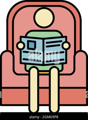 L'uomo anziano ha letto il giornale in icona della poltrona. Profilo uomo anziano letto giornale in poltrona vettoriale icona colore piatto isolato su bianco Illustrazione Vettoriale