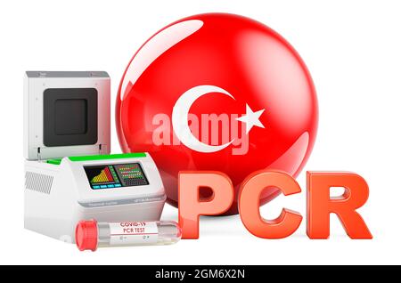 Test PCR per COVID-19 in Turchia, Concept. Termociclatore PCR con bandiera turca, rendering 3D isolato su sfondo bianco Foto Stock