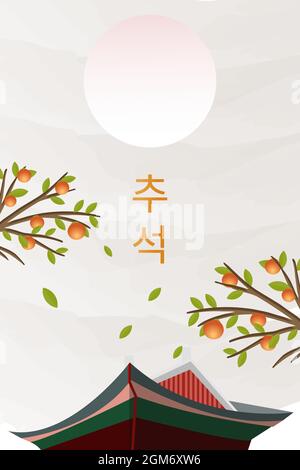 Sfondo verticale Korea chuseok con luna piena, albero, e Korea Palace. Traduzione testo coreano 'korea chuseok' Illustrazione Vettoriale