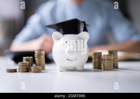 Monete impilate e Piggy Bank con tappo graduato Foto Stock