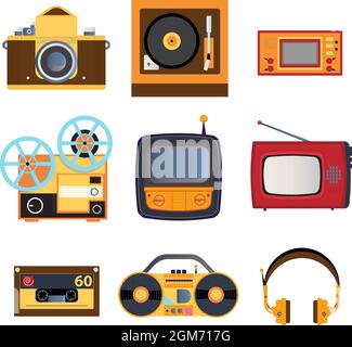 Icone dei supporti retrospettivi. Set di illustrazioni vettoriali sul tema dei supporti retrò. TV, lettore di dischi, set-top box, cuffie, magneto in stile retrò. Illustrazione Vettoriale