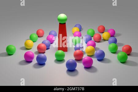 Leadership. Immagine concettuale di un leader e di un subordinati. Lavoro di squadra aziendale. Palloncini colorati. Foto Stock