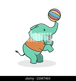 Carino bambino elefante felice amichevole giocando Ball personaggio cartoon Illustrazione Vettoriale