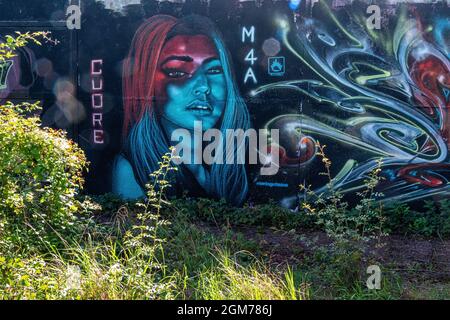 Resti di Berlino Hinterlandmauer. Muro interno con Street art nel parco pubblico Nordbahnhof, Mitte Berlin, Park sulla ex striscia della morte Foto Stock