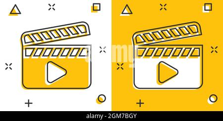 Icona del film in stile comico. Illustrazione vettoriale dei cartoni animati su sfondo bianco isolato. Clapper video splash effetto business concept. Illustrazione Vettoriale