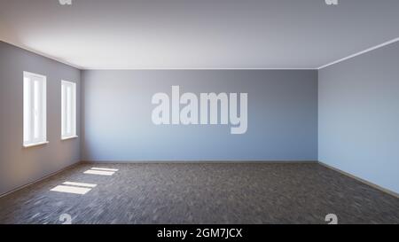 Interno vuoto con pavimento in parquet illuminato dal sole, illustrazione 3d Foto Stock