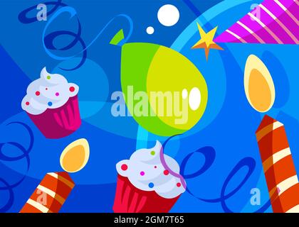 Buon compleanno banner con dolci e candele. Design cartolina vacanza in stile cartone animato. Illustrazione Vettoriale