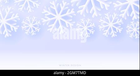 Sfondo stagionale invernale con fiocchi di neve 3d bianchi su sfondo blu Illustrazione Vettoriale