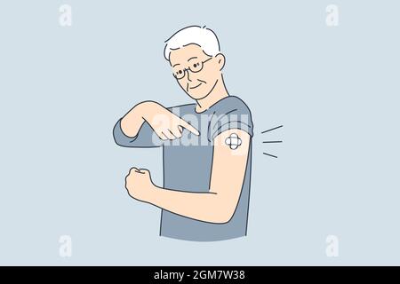 Vaccinazione, aiuto medico e concetto di salute. Uomo sorridente anziano in piedi che mostra braccio vaccinato con illustrazione del vettore di vaccinazione fatta Illustrazione Vettoriale