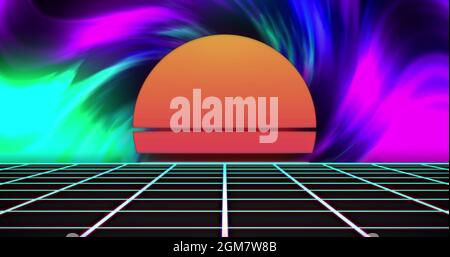 Immagine del sole al neon arancione che si tramonta sulla griglia e sullo sfondo luminoso Foto Stock