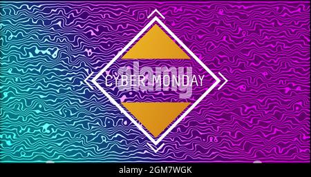 Immagine del testo del cyber monday con cornice a forma di diamante su linee da viola a blu brillanti Foto Stock