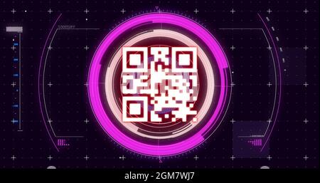 Immagine digitale dello scanner di codici qr su uno scanner rotondo al neon su sfondo blu Foto Stock