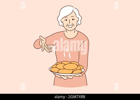 Trattamento da nonna e concetto di cibo. Sorridente donna anziana felice nonna che tiene piatto pieno di torte appena sfornate torta illustrazione vettoriale Illustrazione Vettoriale