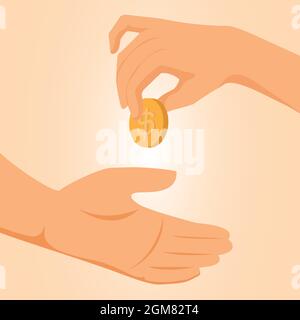 Mano che mette le monete in altra mano. Concetto di risparmio, donazione, pagamento. Illustrazione Vettoriale