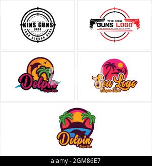Distintivo colorato mare delfino sparare pistola ricreazione logo design Illustrazione Vettoriale
