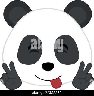 Immagine vettoriale del volto di un orsetto di cartoni animati con la lingua fuori e facendo un gesto di amore e di pace con le mani Illustrazione Vettoriale