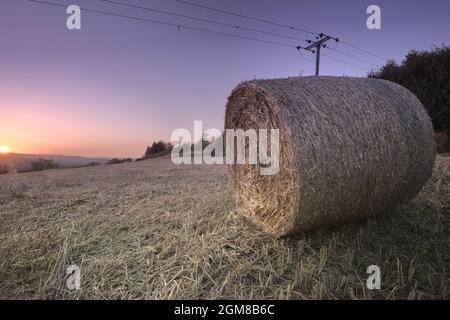 Una balla di fieno rotonda presa al tramonto vicino a Spinkhill, Derbyshire Nord Est Foto Stock