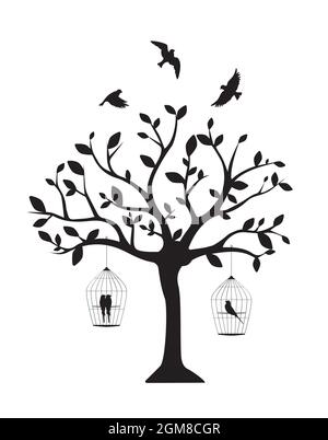 Silhouette ad albero con gabbia di uccelli e silhouette di uccelli volanti, vettoriale. Design di cartoni animati infantile. Design in bianco e nero. Decalcomanie da parete, arte da parete, opere d'arte Illustrazione Vettoriale