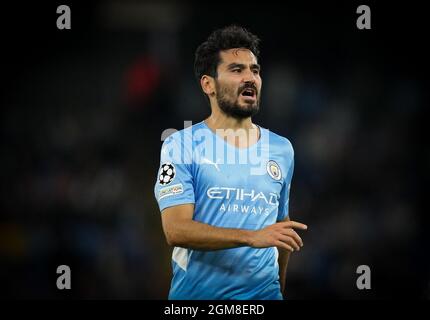 Manchester, Regno Unito. 15 settembre 2021. Ilkay Gundogan di Man City durante la partita di gruppo UEFA Champions League tra Manchester City e RB Leipzig all'Etihad Stadium di Manchester, Inghilterra, il 15 settembre 2021. Foto di Andy Rowland. Credit: Prime Media Images/Alamy Live News Foto Stock