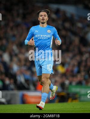 Manchester, Regno Unito. 15 settembre 2021. Jack Grealish di Man City durante la partita di gruppo UEFA Champions League tra Manchester City e RB Leipzig all'Etihad Stadium di Manchester, Inghilterra, il 15 settembre 2021. Foto di Andy Rowland. Credit: Prime Media Images/Alamy Live News Foto Stock