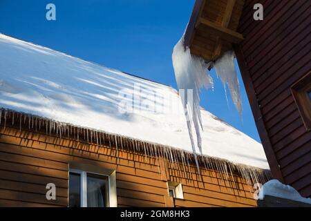 Icicle scintilla al sole in inverno. Le grandi ghiacciole trasparenti pendono dal tetto. Inverno freddo giorno di sole Foto Stock