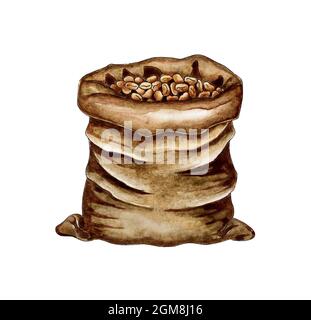 Borsa per pittura acquerello con zeon di caffè. Astuccio per caffè rustico. Una confezione di chicchi di caffè. Icona della sacca di caffè. Logo del caffè o del negozio. Borsa di tela vintage. ISO Foto Stock