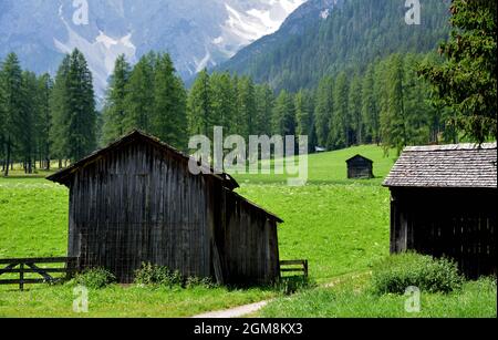 Vecchi fienili nei prati all'ingresso della Val Fiscalina Foto Stock