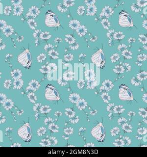 Stampa grafica a farfalla con motivo senza giunture. Motivo floreale con fiori selvatici su sfondo azzurro. Foto Stock