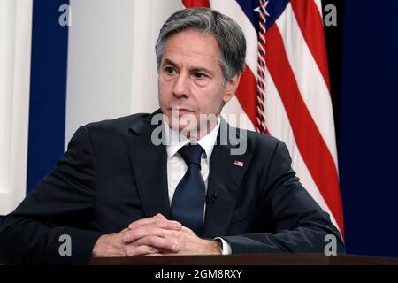 Washington, Stati Uniti. 17 settembre 2021. Il Segretario di Stato degli Stati Uniti Antony Blinken partecipa al Forum delle principali economie virtuali del South Court Auditorium alla Casa Bianca di Washington il 17 settembre 2021. Foto di Yuri Gripas/Pool/Sipa USA Credit: Sipa USA/Alamy Live News Foto Stock