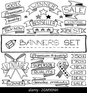 Doodle Set di striscioni disegnati a mano con linea nera Illustrazione Vettoriale