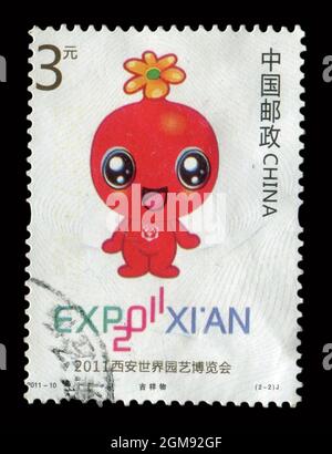 Timbro stampato in Cina mostra l'immagine del 2011-10 EXPO 2011 XIAN, circa 2011. Foto Stock
