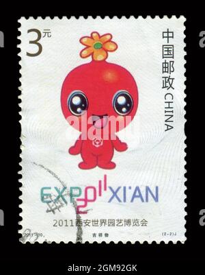Timbro stampato in Cina mostra l'immagine del 2011-10 EXPO 2011 XIAN, circa 2011. Foto Stock