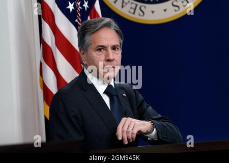 Washington, DC USA, 17 settembre 2021. Il Segretario di Stato degli Stati Uniti Antony Blinken partecipa al Forum delle principali economie virtuali del South Court Auditorium alla Casa Bianca di Washington il 17 settembre 2021.Credit: Yuri Gripas/Pool via CNP /MediaPunch Foto Stock