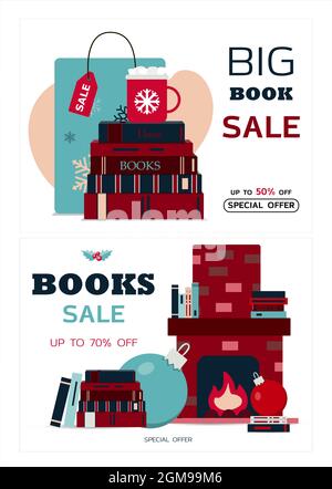 Set di carte di natale. Modello vettoriale per le vacanze invernali. Banner per la vendita di Capodanno, Black Friday o sconti natalizi. Design piatto Illustrazione Vettoriale