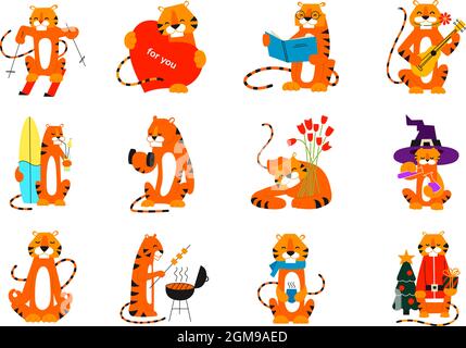 Tiger in stile cartone animato. Felice anno nuovo 2022. Oroscopo cinese. Buon Natale. Set vettoriale di tigri isolate. Poster stampa adesivi biglietto d'auguri Illustrazione Vettoriale