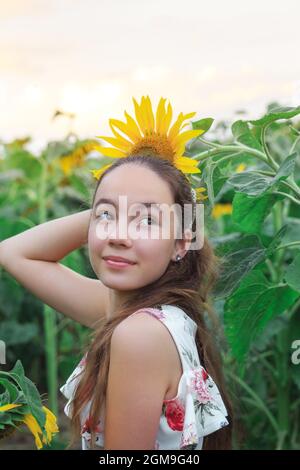 Bella ragazza teen è sorridente con girasole in campo estivo Foto Stock