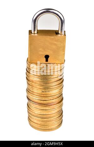 Sicurezza finanziaria. Monete d'oro e lucchetti, concetto di investimento Foto Stock