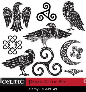 Celtic Magic Set. Luna corna celtica, gufo celtico, corvo celtico Illustrazione Vettoriale