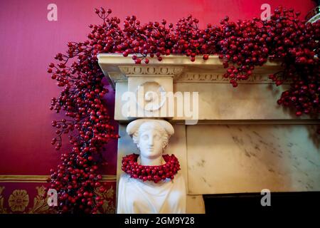 La ghirlanda di mirtillo decora un mantello del camino nella Sala Rossa della Casa Bianca, 1 dicembre 2009. (Foto ufficiale della Casa Bianca di Chuck Kennedy) questa fotografia ufficiale della Casa Bianca è resa disponibile solo per la pubblicazione da parte delle organizzazioni di notizie e/o per uso personale la stampa dal soggetto(i) della fotografia. La fotografia non può essere manipolata in alcun modo e non può essere utilizzata in materiali commerciali o politici, pubblicità, e-mail, prodotti, promozioni che in alcun modo suggeriscono l'approvazione o l'approvazione del presidente, della prima famiglia, o della Casa Bianca. Foto Stock