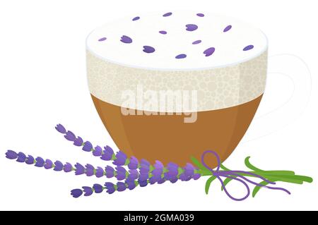 Caffè raf lavanda in bicchiere trasparente. Illustrazione vettoriale isolata su sfondo bianco Illustrazione Vettoriale