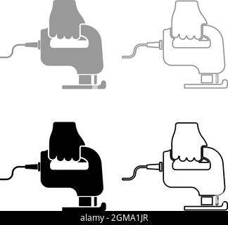 Sega elettrica a tazza utensile sega a mano in uso Arm Set icona grigio nero disegno vettoriale stile piatto immagine semplice Illustrazione Vettoriale