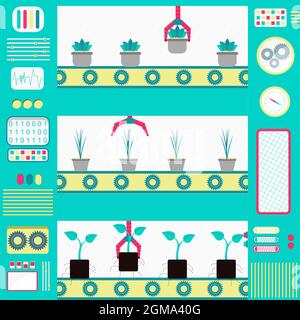 Fabbrica colorata e carina che produce piantine con macchine, trasportatori e pinze. Design piatto. Illustrazione Vettoriale