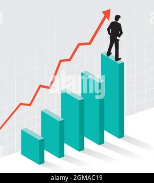 Illustrazione del grafico aziendale con un uomo d'affari che guarda al futuro. Grafica vettoriale del grafico a barre 3D e leader aziendale visionario che guarda al futuro. Illustrazione Vettoriale