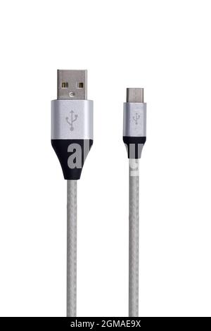 Cavo dati USB generico di alta qualità color argento compatibile con tutti i telefoni cellulari. Progettato per collegare dispositivi micro USB, inclusi telefoni e tablet Foto Stock