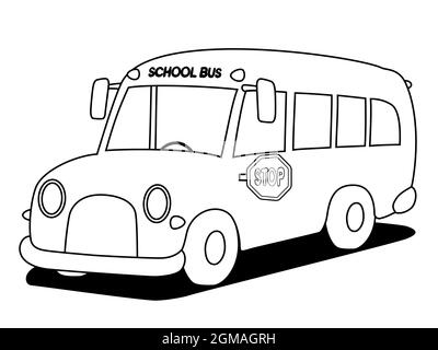 Scuola Bus bambini disegno vettoriale. Cartone animato per il trasporto degli studenti isolato su bianco. Illustrazione Vettoriale